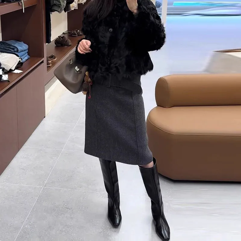 Gray Simple Woolem Skirts Female Autumn Winter New Fashionable Streetwear Midi Skirt Elegant Commuting Office Lady Pencil Skirt
