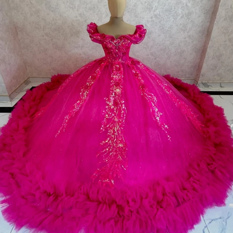 

Rose Red Shiny Quinceanera Dresses Off The Shoulder Sequin Applique Flower Beading Crystal Tiered Tull Party Birthday Sweet 16