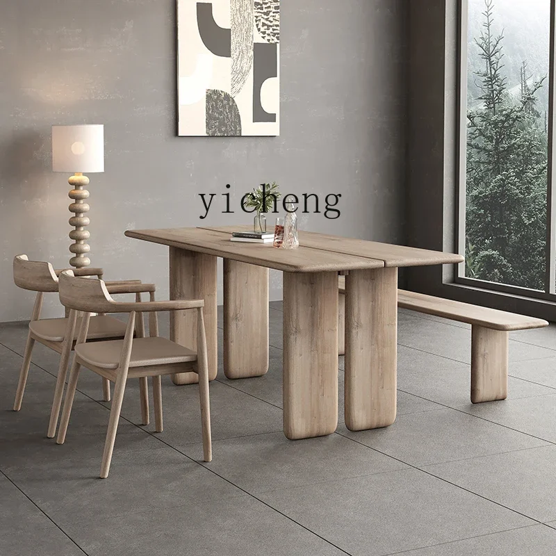 ZC log style dining table and chairs wabi sandy wind retro simple dining table creative workbench table and chair combination