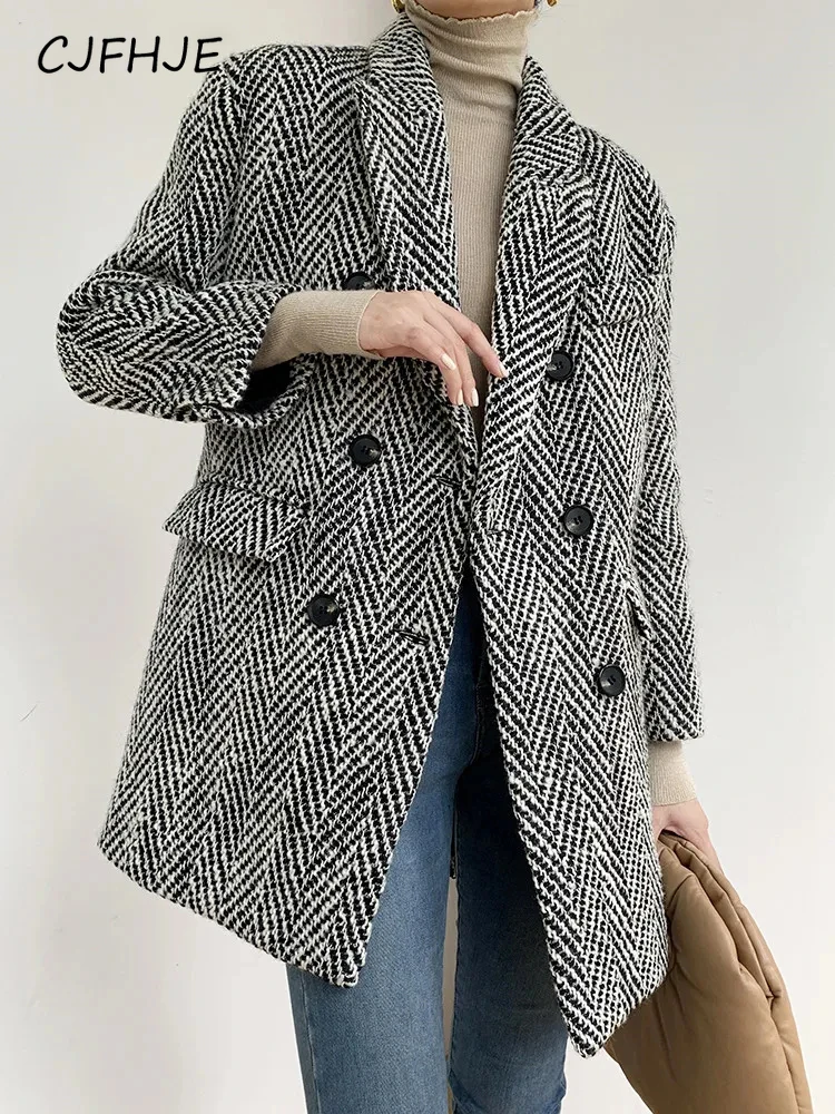 CJFHJE Vintage Thicken Lapel Ladies Blend Jackets Autumn Winter Striped Woolen Blazer Female Double Breasted Women Woolen Coat