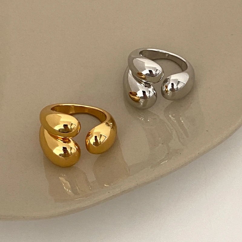 ANENJERY Silver Color Asymmetric Water Droplets Rings for Women Simple Fashion Open Golden Ring Korean Design Jewelry