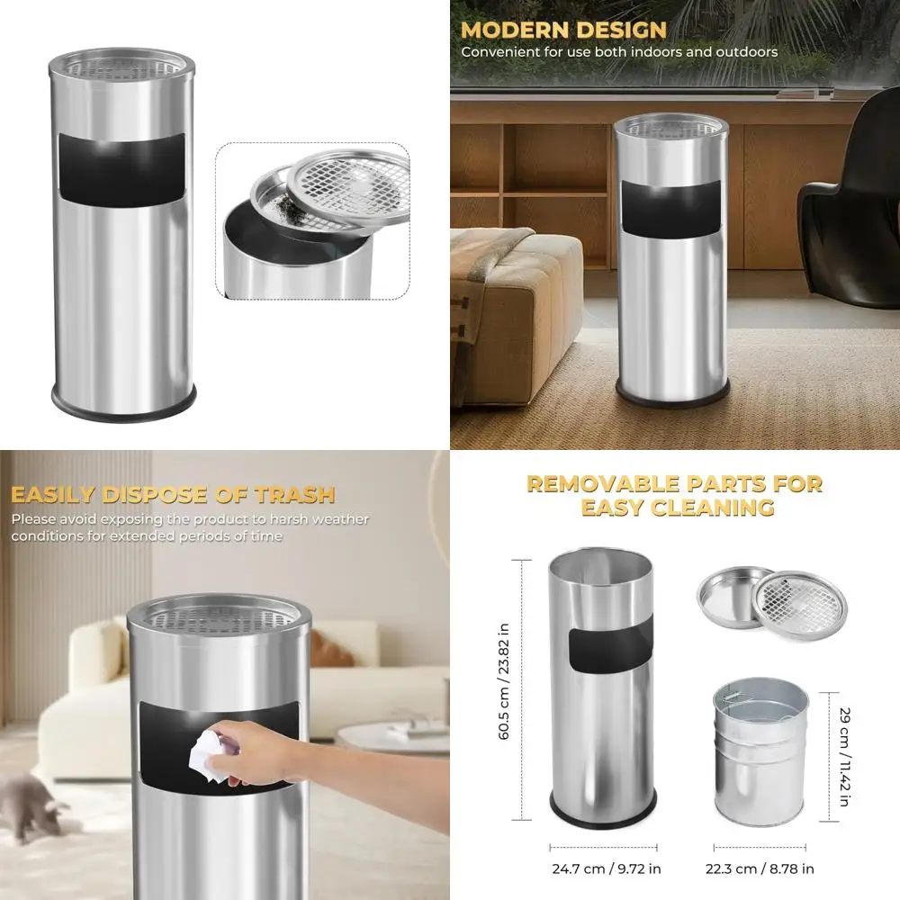 

Trash Can Outdoor Waste Container Round Stainless Steel Trash Can with Removable Inner Bucket for Disposal Commercial Waste Cont