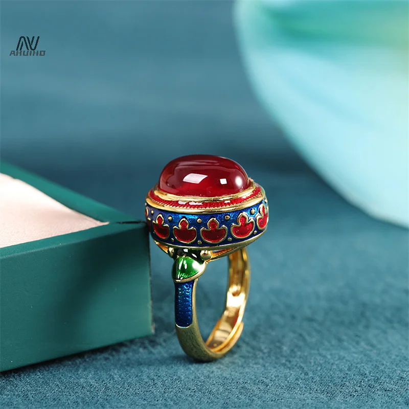 Ancient Gold Craftsmanship Natural Carnelian Rings For Women Flower Enamel National Style Light Luxury Wedding Jewelry Gift