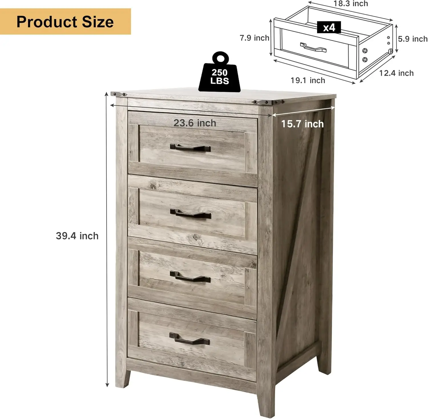 Farmhouse 4 Drawer Dresser39Tall Chest of DrawersWooden Dresser Storage Organizer Cabinet for Bedroom Living Room Hallway