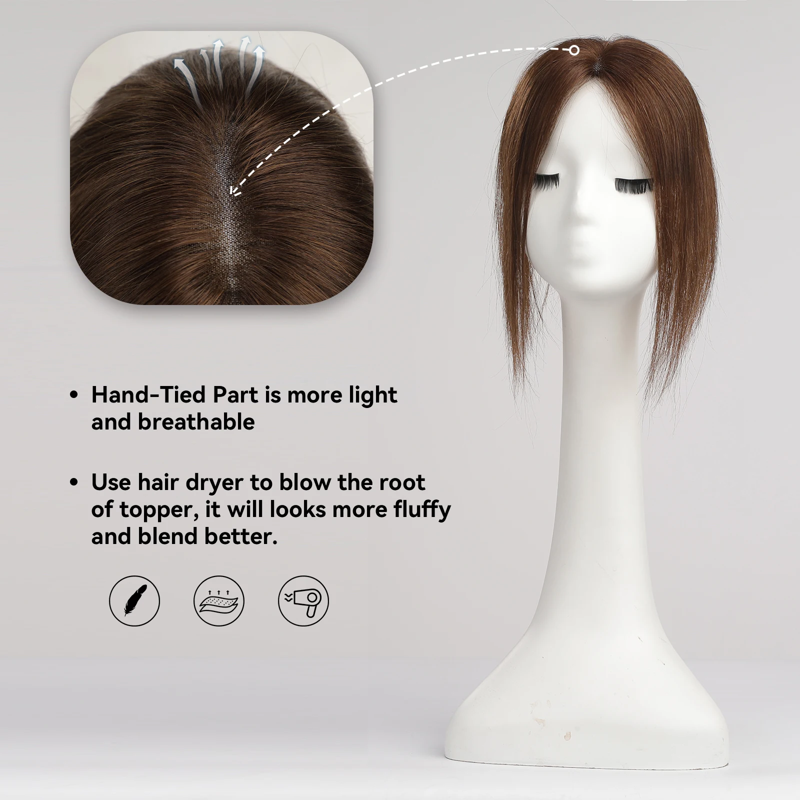Lace Base Remy Human Hair Toppers Clips in 100% Remy Human Hairpieces Dark Brown Hair Extensions for Women with Thinning Hair
