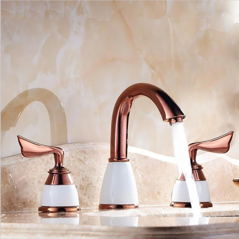 3Pcs=1Set Basin Faucet, Bathroom Mixer Deck Mounted Sink Tap, Basin Faucet Set Ceramic Copper Faucet Golden Finish Mixer Tap