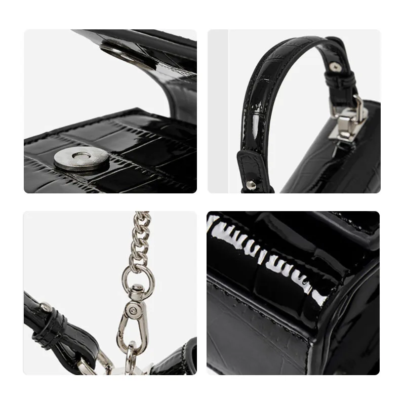 Aidrani Genuine Cowhide Croc‑Embossed Handbag, Glossy Patent Leather Top Handle Purse, Chain Strap Lock Crossbody Shoulder Bag
