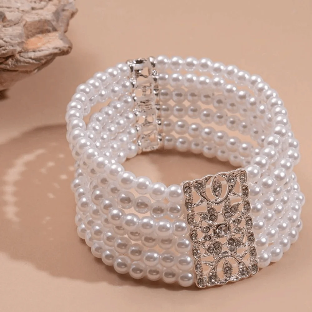 

Faux Pearl Square Multi-layer Bracelet Luxury European American Style Pearl Bracelet Retro Design Hollow Square