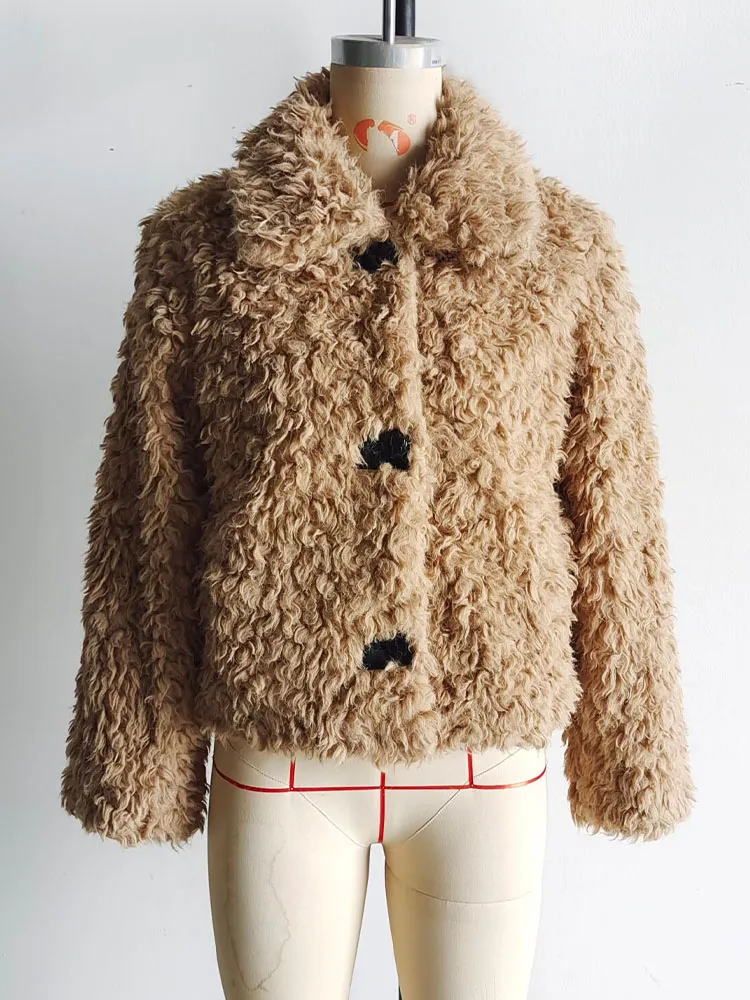 Hh moda feminina inverno lapela pele integrada pele de cordeiro jaqueta curta feminina alta rua casual bolso decorado jaqueta mujer