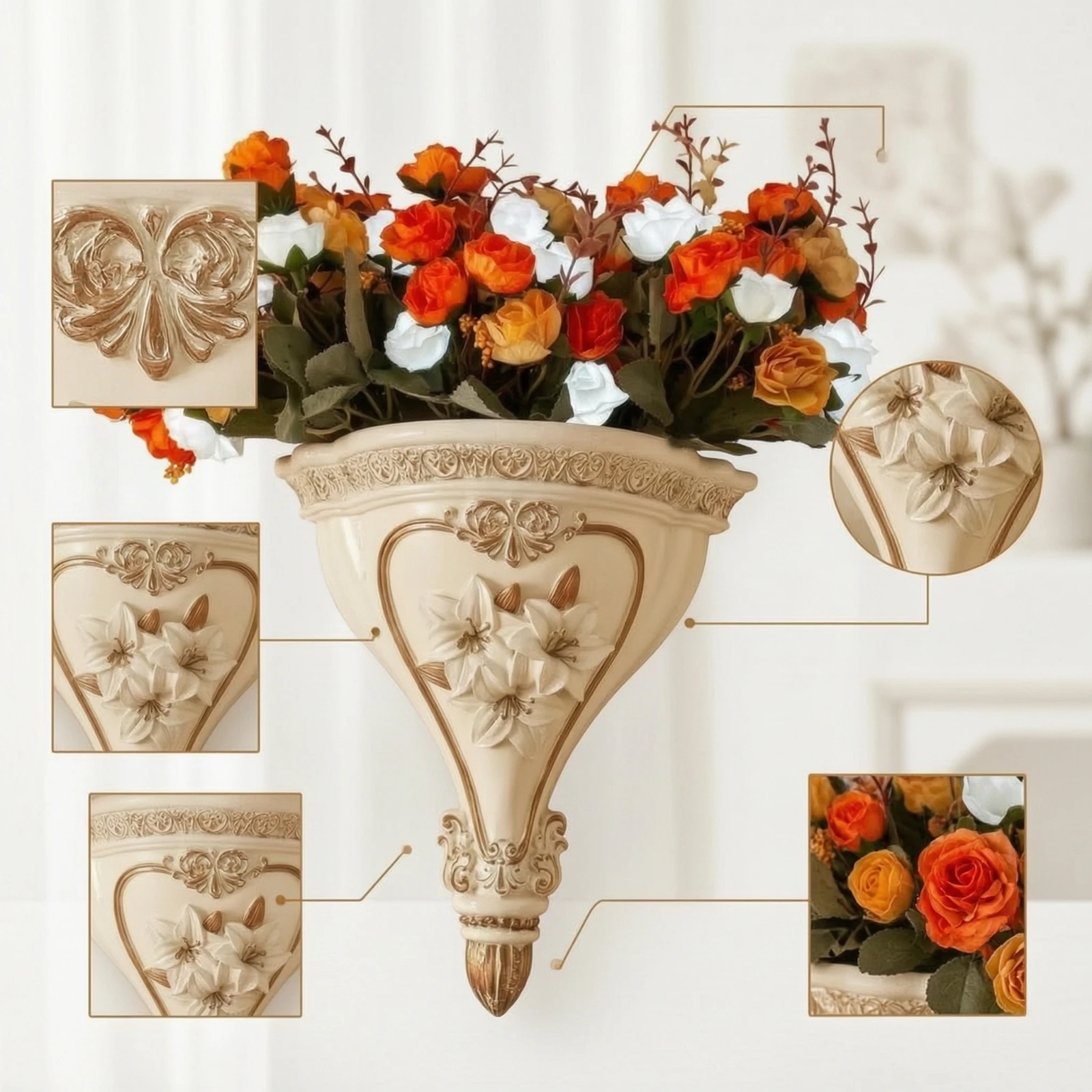 Wall Vase with Floral Relief Sculpted Wall Vase Decor Vintage-Style Elegant for Living Room, Entryway