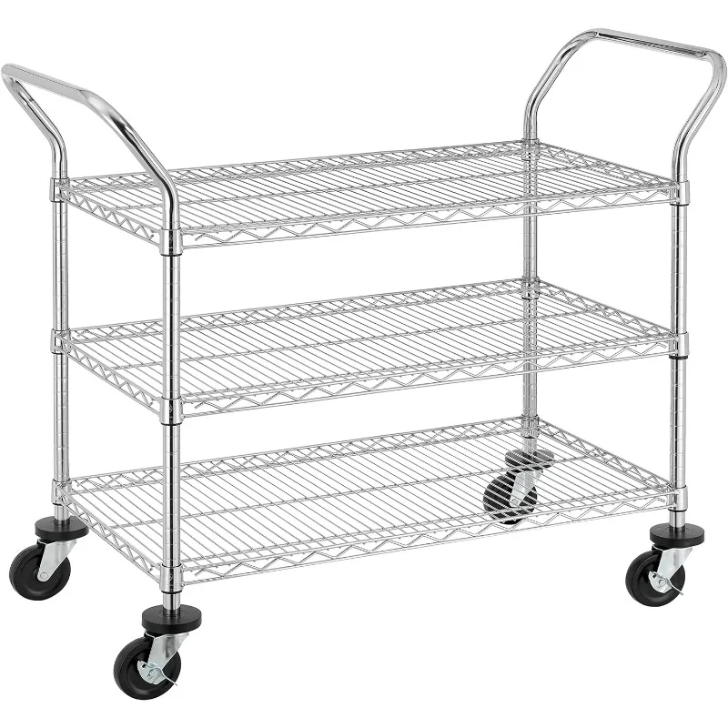 3-Tier Commercial Grade Rolling Cart, Heavy Duty Utility Cart, Carts with Wheels and Double Side Handles, Kitchen Cart Trolley