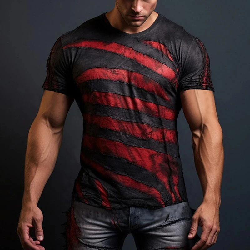 Summer Men\'s T Shirt 3d Striped Print Short Sleeve Tees Street Daily Casual Tops Quuick Dry O Neck Pullover Oversized Clothing