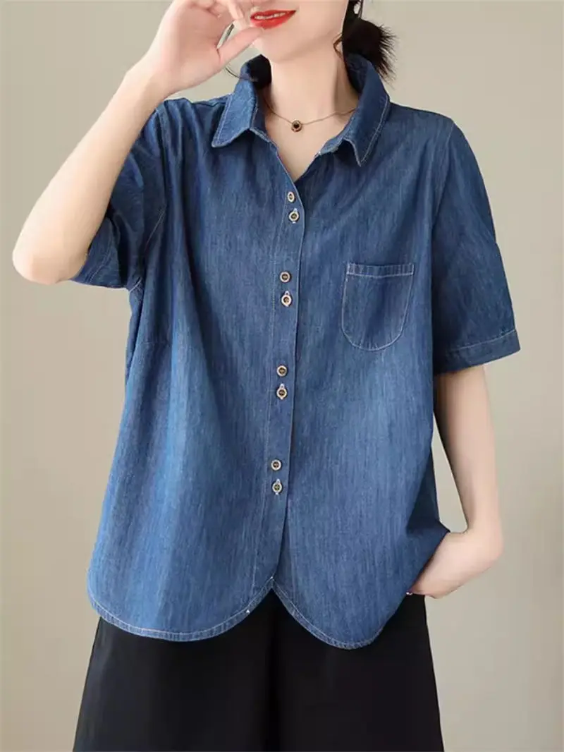 

2024 Summer Denim Short Sleeve Shirt Women's Short Sleeve Korean Loose Thin Versatile Cardigan Top Jeans Coat K826