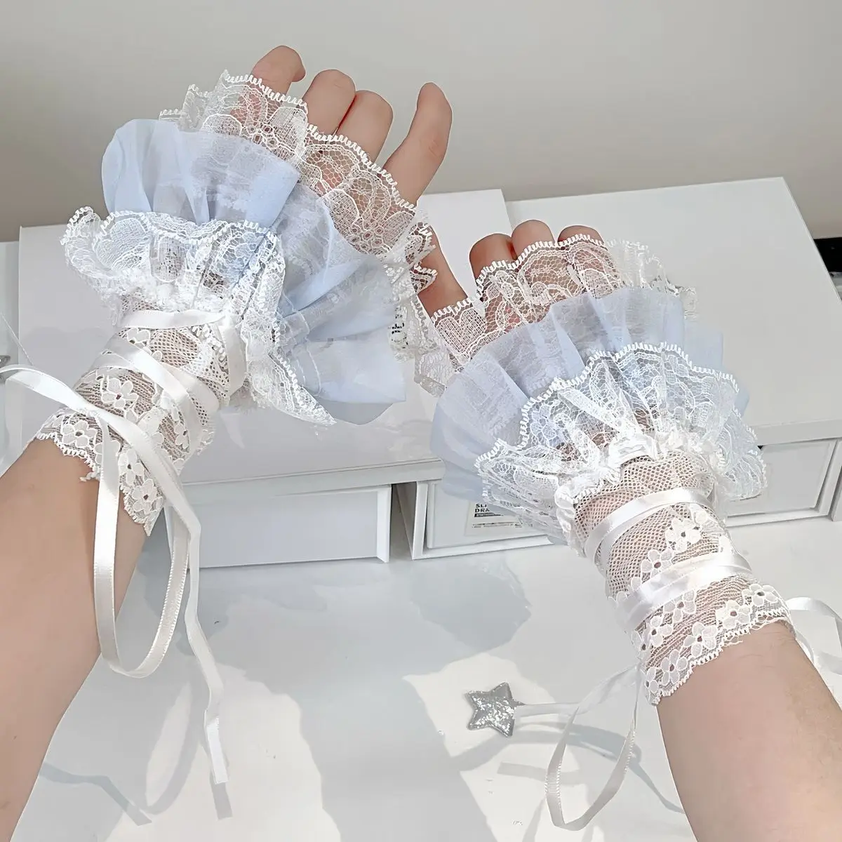 JK Lolita Lace Sleeves Wristband Silk Ribbon Y2K Lace Wrist Cuffs Black Blue Ruffles Gloves for Girls Cosplay Costume Props