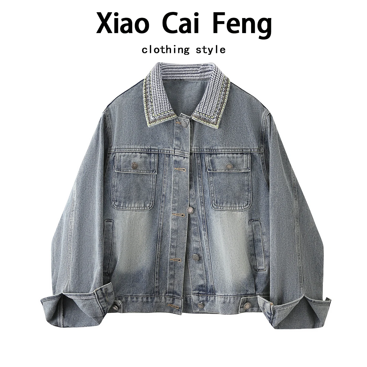 

Womens Vintage Waed Denim Jaet Loose Fit Long Sve Collar Spring Autumn Versatile Lazy Sle Cotton Blend Outerwear