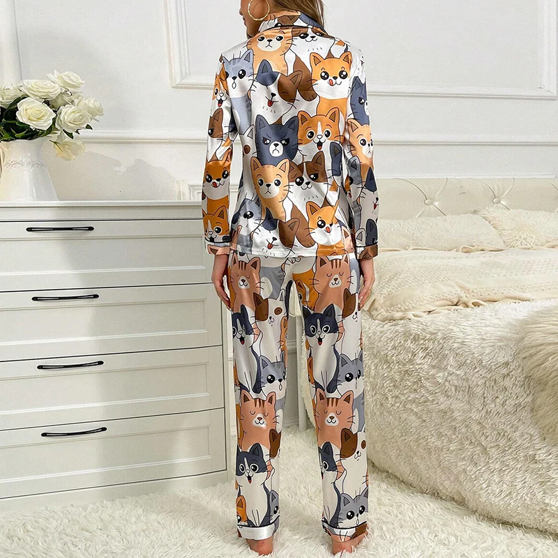 Cute Cat Print Pajama for Women Satin Long Sleeve Lapel Collar Tops & Pants Pyjama Loungewear for Fall Ladies Sleepwear Pj Sets