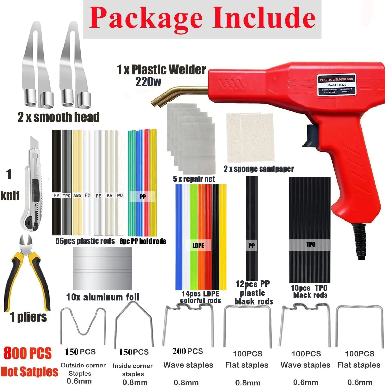 Upgraded 220W Plastic Welder, 2 in 1 Plastic Welding Kit Plastic Repair Welder Kit 800PCS Hot Stapler Soldering