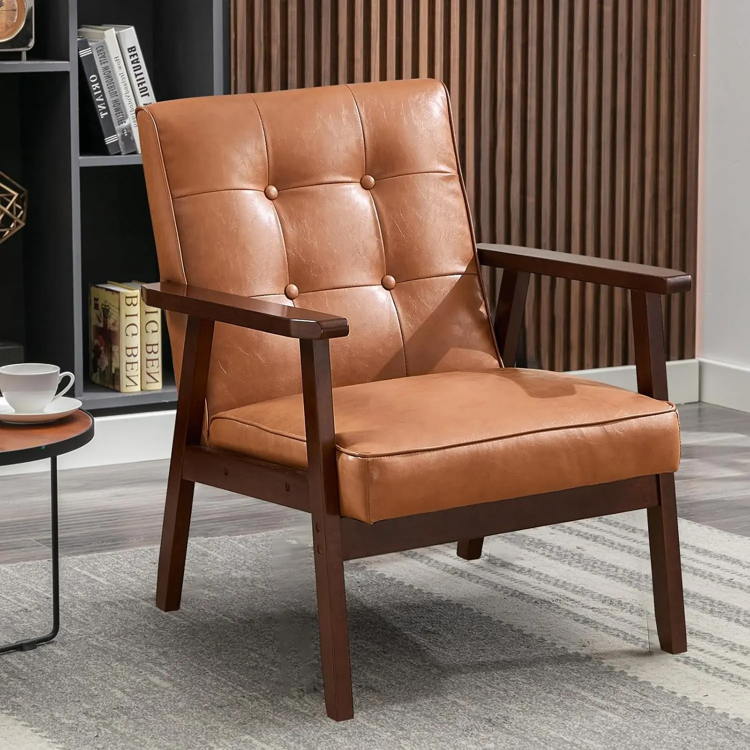 

Mid Century Modern Accent Chair for Living Room, Upholstered Faux Leather Armchair Comfy Retro Bedroom Side Chair