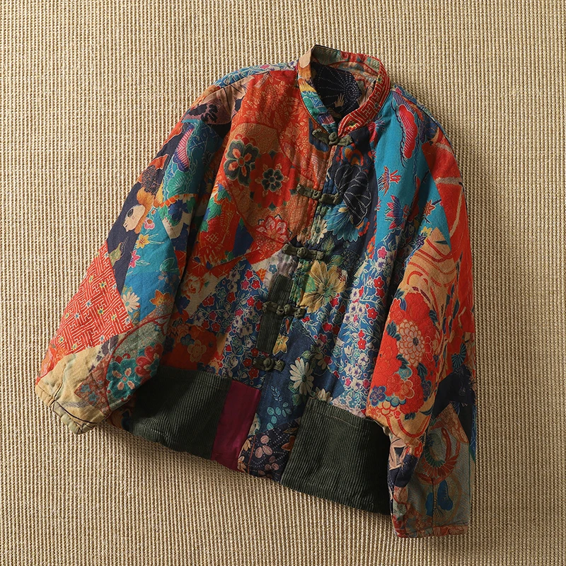 Retro Print Cotton Linen Jacket Women's Autumn Winter New Style Artistic Ladies Chinese Button Cotton Jacket Corduroy
