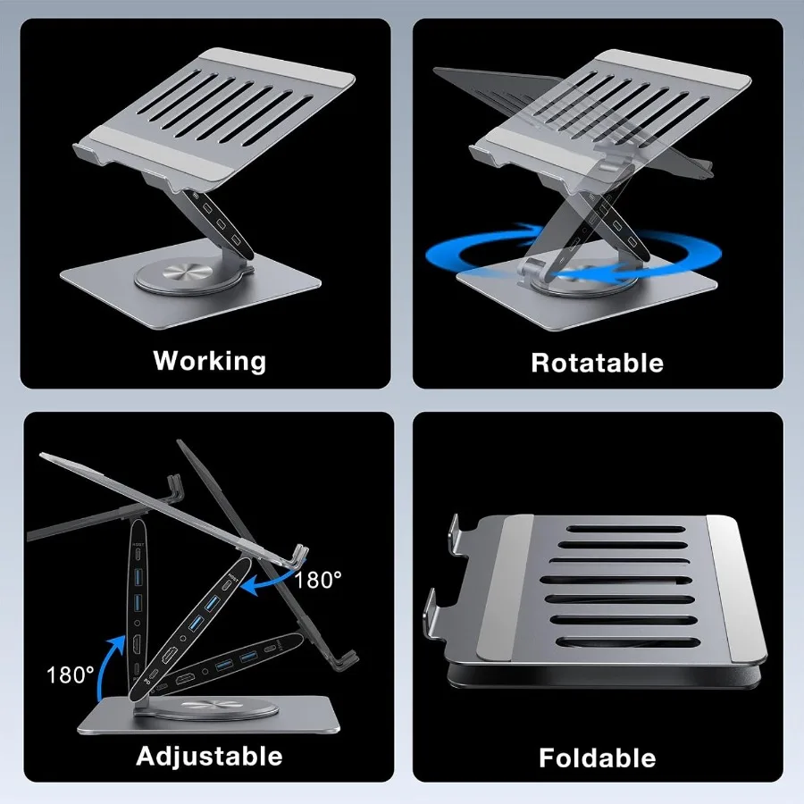 Supporto per laptop regolabile per scrivania con docking station Riser per laptop in alluminio 9in1 con doppio display girevole a 360° Supporto fino a t
