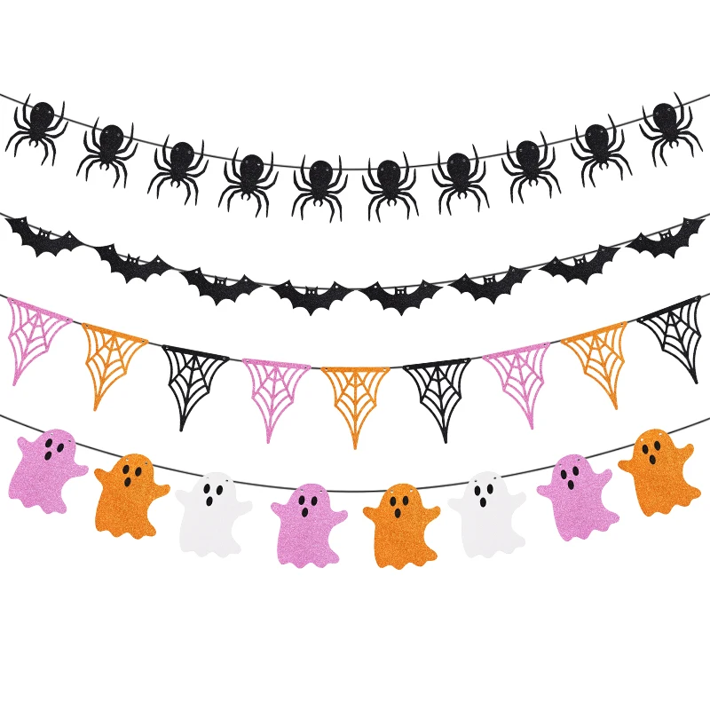 300cm Halloween Hanging Banner Cute Bat Spider Skull Paper Garland Bunting Ornament Halloween Festival Scene Decor Horror Props