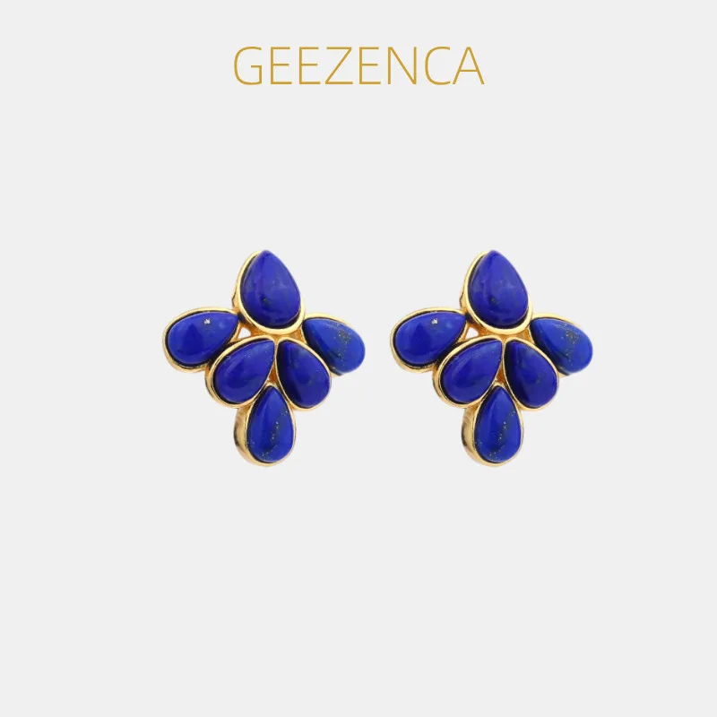 

GEEZENCA 925 Silver Lapis Lazuli Turquoise Leaf Stud Earrings Women Gold Plated Trendy Dainty Lightweight Statement Earring Gift