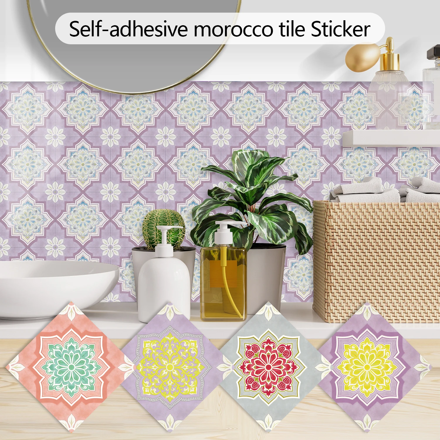 10pcs Islamic Geometric Floral Style Tiles Sticker Kitchen Backsplash Oil-proof Cupboard Waterproof Peel & Stick Art Wall Decals
