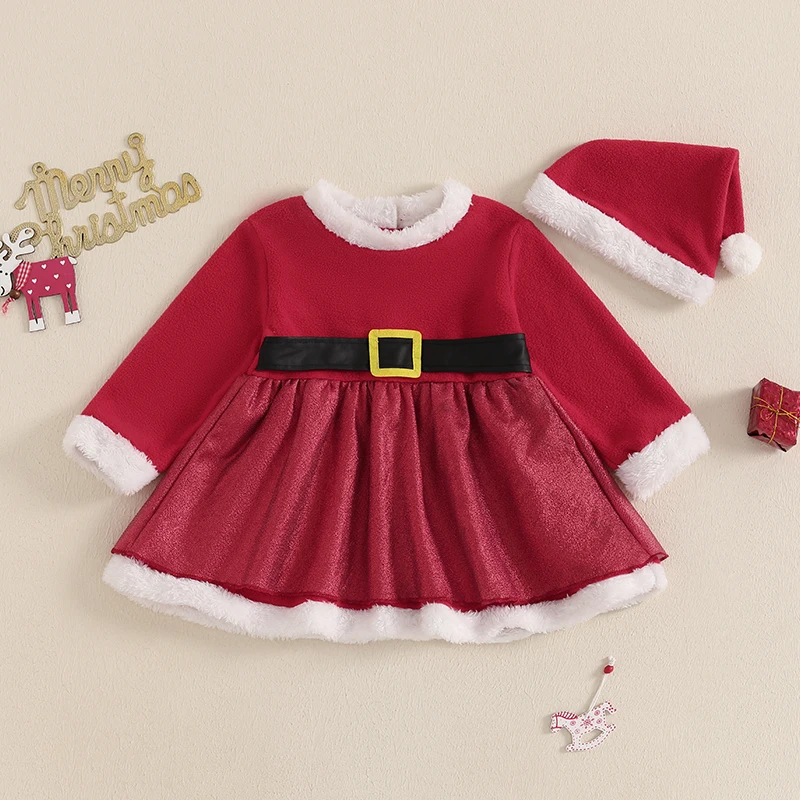 Vestido acampanado informal de Navidad para niñas, manga larga, cuello de felpa, vestidos de Papá Noel con sombrero de Papá Noel