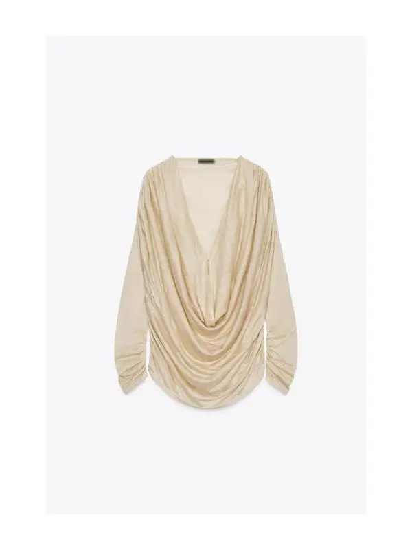 Luźna bluzka damska z głębokim dekoltem w serek, plisowanymi detalami, oddychająca, uniwersalna, idealna na jesień...