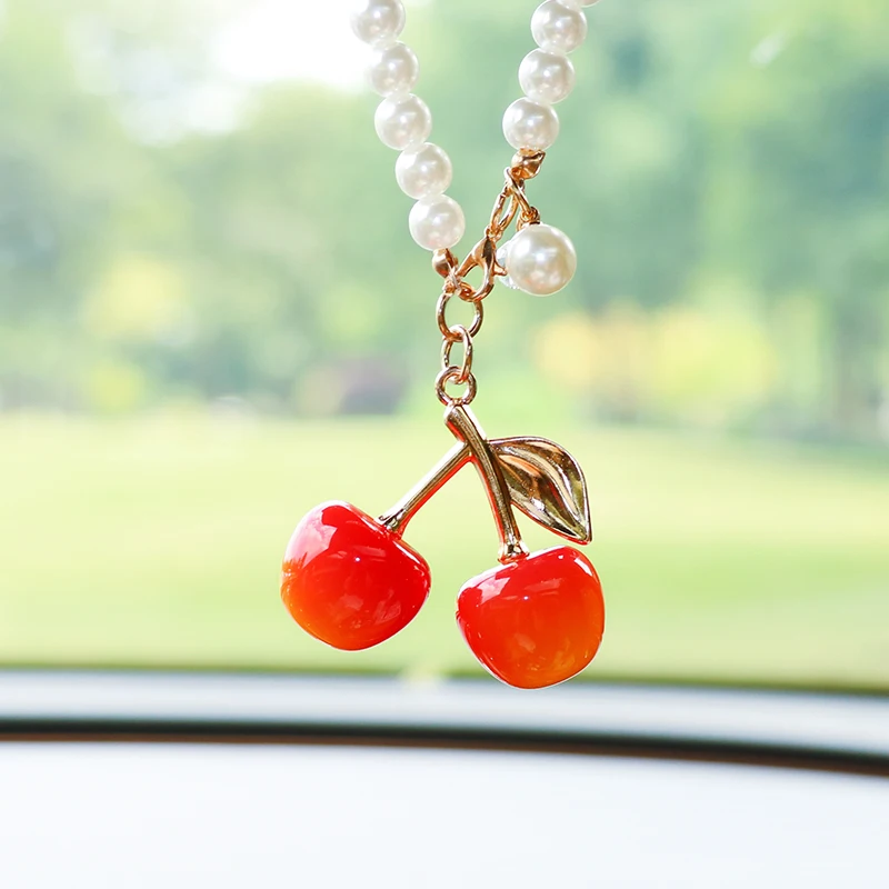 Cute Fruit Cherry Car Pendant, Exquisite Cherry Car Decoration, Creative Car Rearview Mirror Hanging Accessory