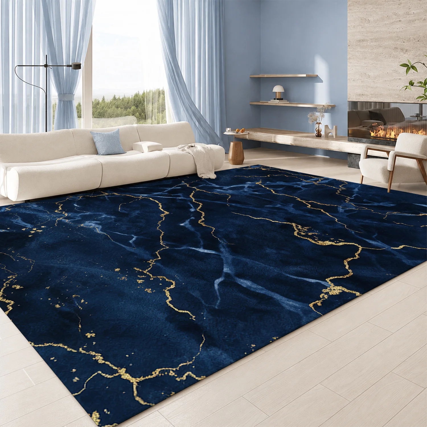 Large Indoor Area Rug, Soft Velvet Low Pile Non-Slip Machine Washable Navy Gold Marble Pattern Floor Rug for Living Room Bedroom, Elegant Modern Home Decor with Blue Gold Vein Design to Elevate Any Room