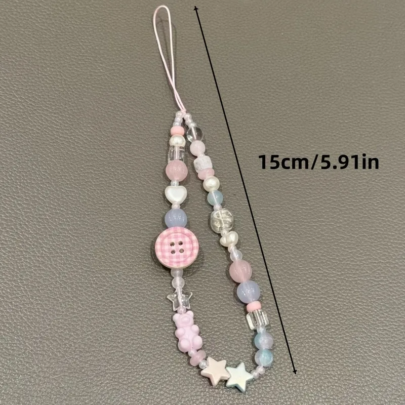 Gantungan Ponsel Korea Manis Lucu 3D Pink Berhias Kancing dan Manik-Manik, Tali Lanyard untuk iPhone Samsung Universal, Anti-Hilang, Perhiasan Tali Gantung