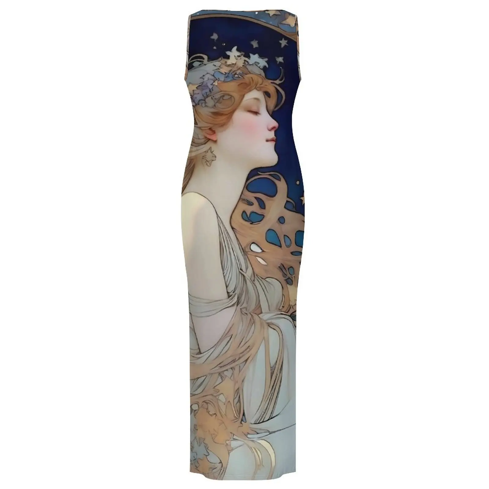 Robe moulante pour femme élégante Art Nouveau Maxi robes vacances Alphonse Mucha inspirée de la lune et des étoiles Y2K robe graphique de mode