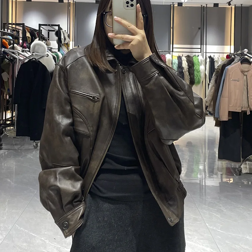 JANEFUR Giacca da donna in vera pelle Retro Marrone Vera pelle di pecora Giacche Cappotti Moda Autunno Chic Donna Casual JFB6-25007