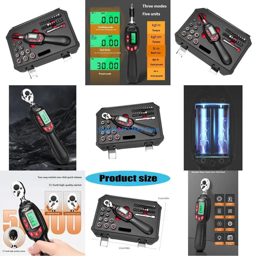 Y6GD Pack of 32 Digital Torque Wrench Set Precise Torque Measurement Preset Values 72Tooth Ratchet Head for Automotive Repair