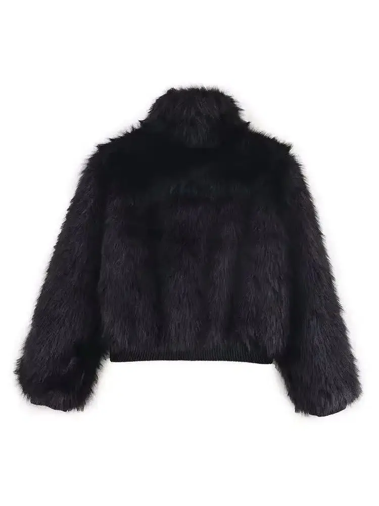 HH جديد أزياء الشتاء امرأة تنوعا طويلة الأكمام الوقوف طوق سستة فو الفراء تأثير سترة الإناث معطف غير رسمي نمط الشارع #3