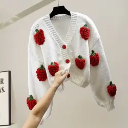 Handmade Crochet 3D Strawberry Aesthetic Knitted Cardigan Contrasting Color Casual Loose Trendy Sweater Coat Women Y2k Sweet Top