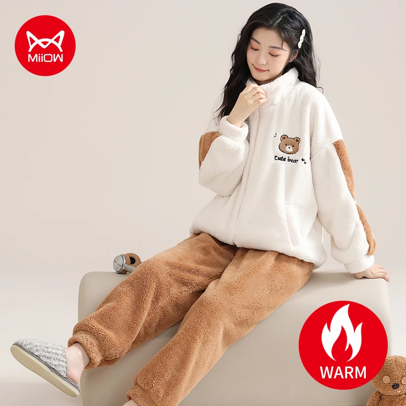 MiiOW Winter Zipper Women Pajamas Set Flannel Warm Sleepwear Thicken Soft Coral Fleece Loungewear Cute Cartoon Bear Girl Pyjamas