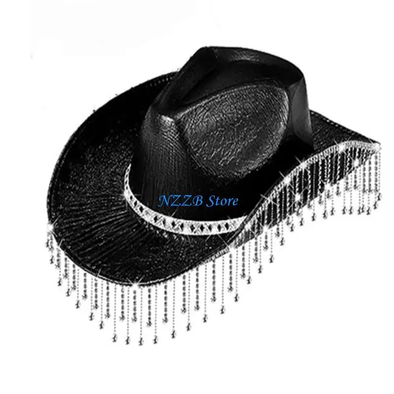 

T21F Rhinestones Tassels Cowboy Hat Party Cap Elegant Hats Clubwear Wide Brim Hat