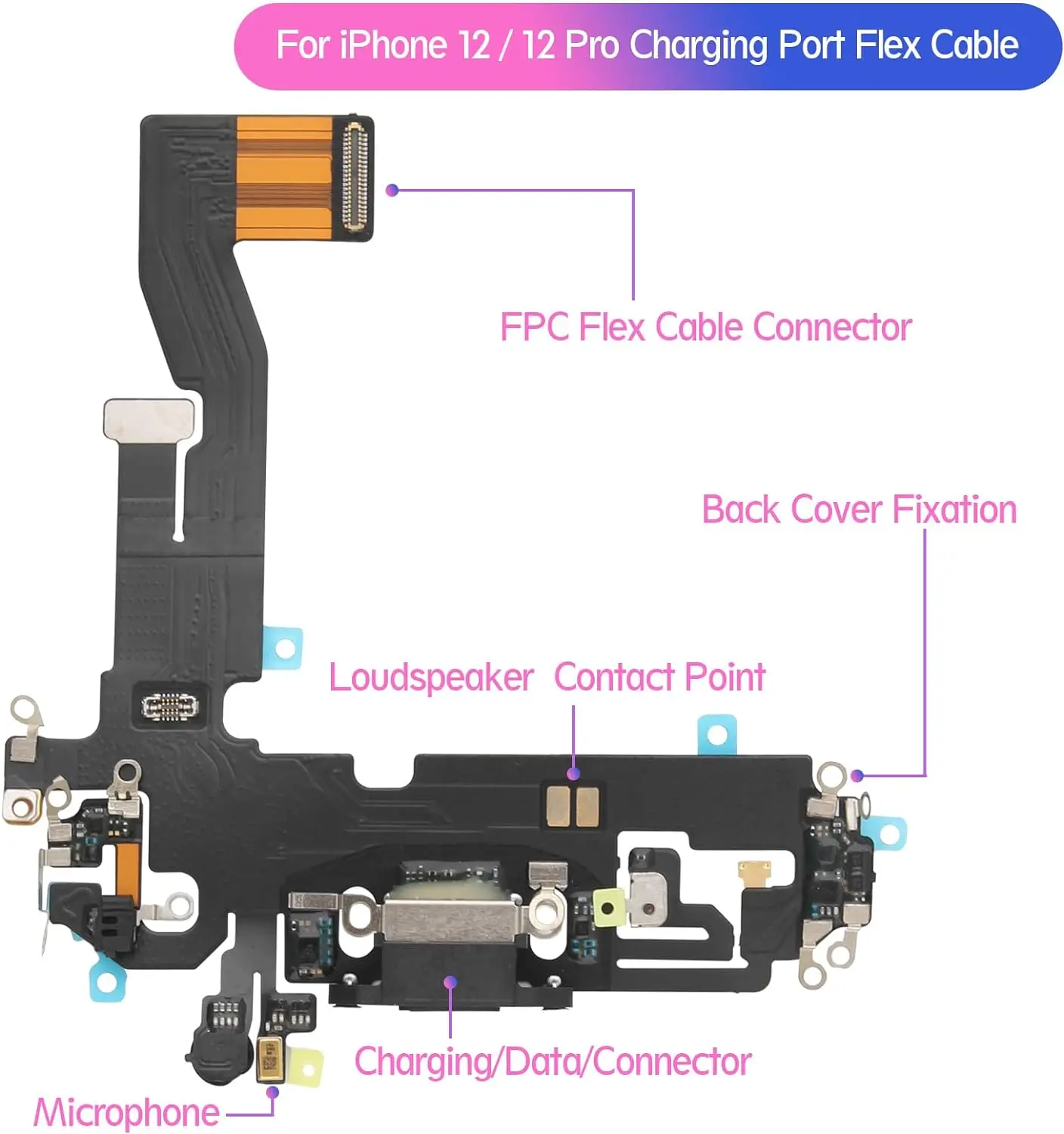 Compatible with iPhone 12/iPhone 12 Pro- Charging Port Flex Cable - Headphone Port/Microphone/Antenna Replacement