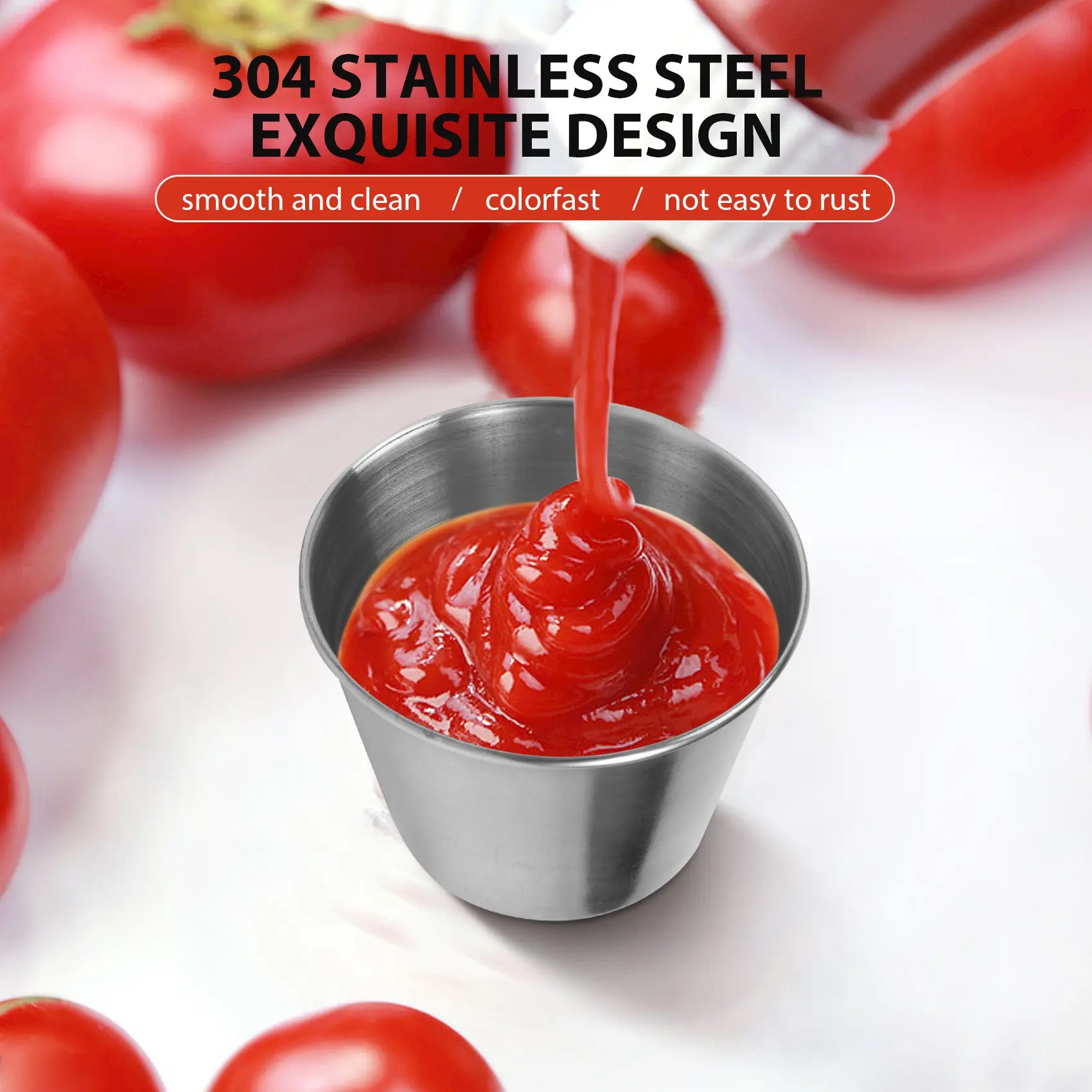 

AA94-1 Pack Of 10 - Premium Brushed Stainless Steel Condiment Sauce Cups Spices Pots Liquid Dips Bowls - 2.5Oz 70Ml