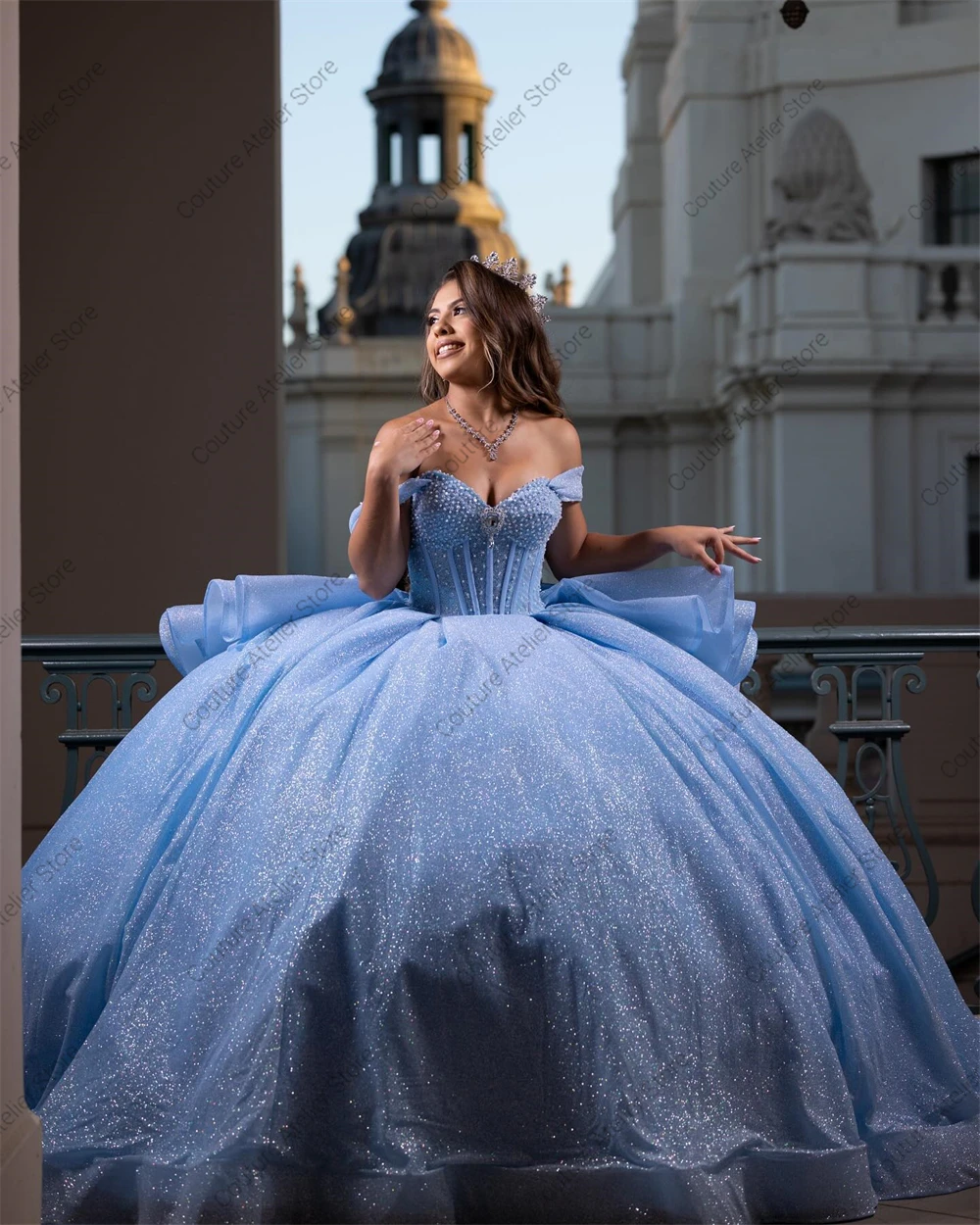 Alluring Blue 15 Years Old Quinceanera Dress Beaded Crystal Ball Gown With Bow Ruffles Birthday vestido para xv años Customized
