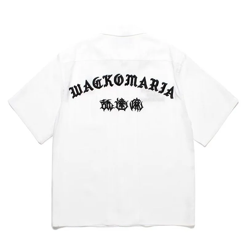 Trend Latest Mens Womens WACKO MARIA 25ss New Solid Colour Embroidered Maple Leaf LOGO Hawaii Short Sleeve Shirt