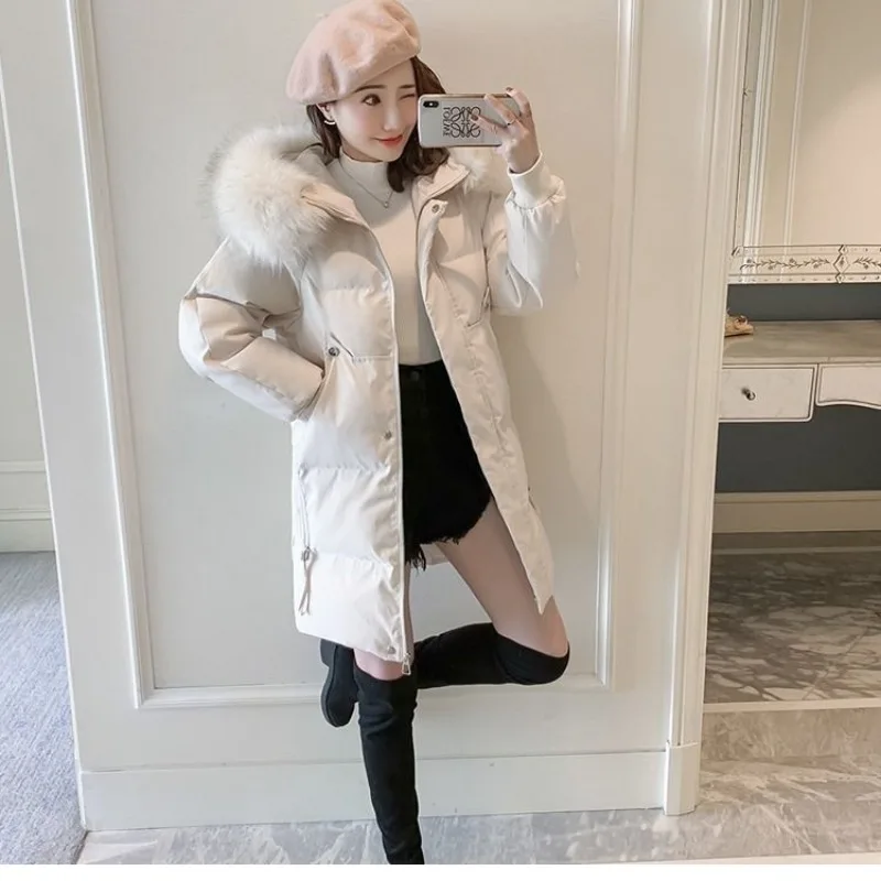 2023 New Women Cotton Coat Winter Jacket Female Mid Length Version Parkas Big Fur Collar Hooded Outwear Loose Thicken Overcoat