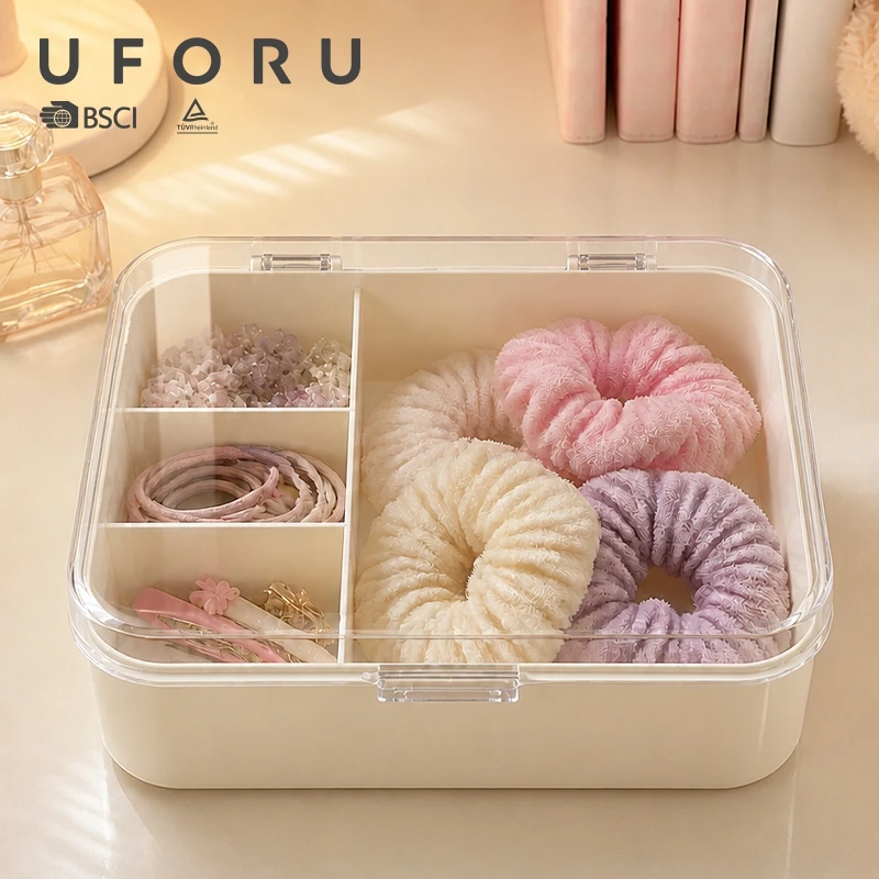 UFORU Divided Hair Scrunchie Organizer Box Large Capacity Snap Fastener Clear Hair Tie Storage Holder for Vanity Table