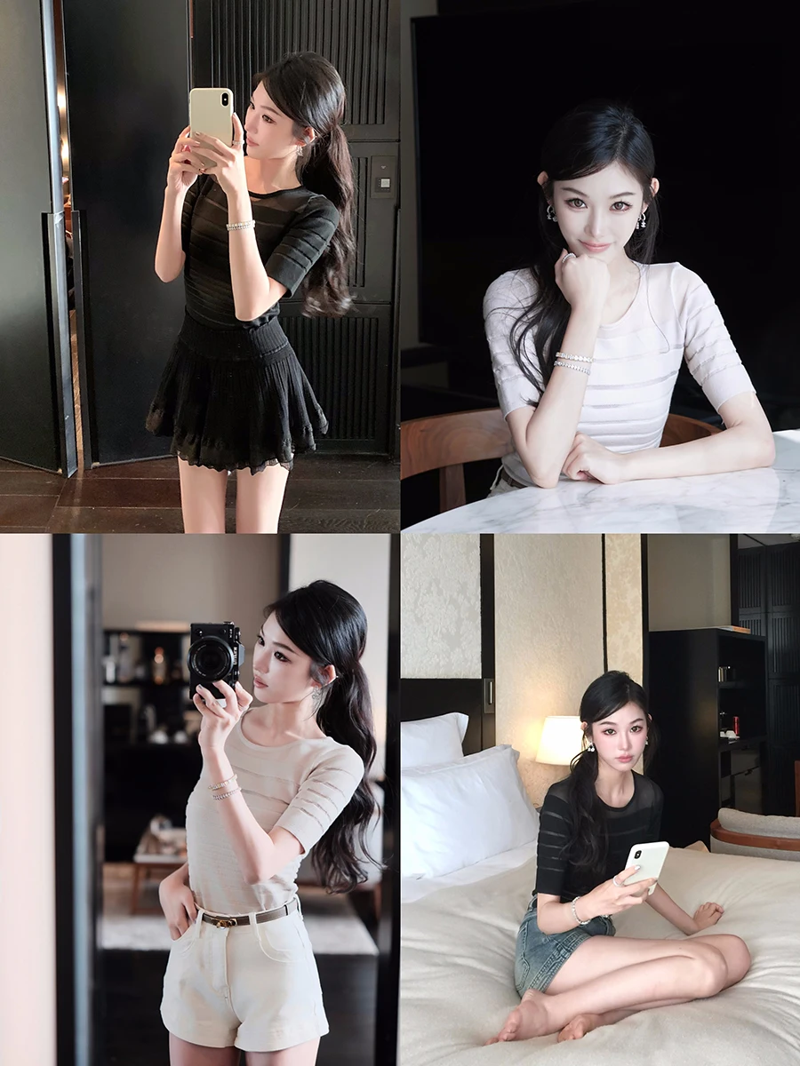 

Boamarket Slimming Me See-tough ort Sve T-irt for Women Summer 2025 New Arrival Breathable Ladies Knitted Top