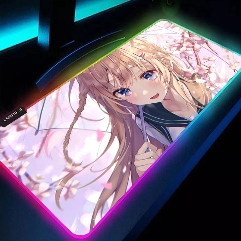 

Mouse Pad RGB Notbook Gamer Keyboard Pad Non Slip Rubber LED Computer Sakura Anime Girl Carpet Desk Mat PC Gamer Kawaii Mousepad