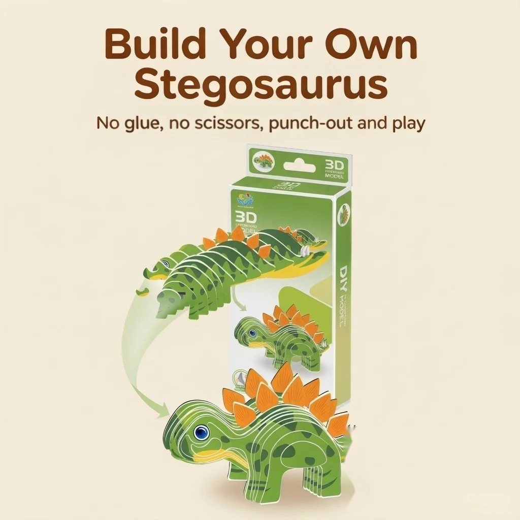 DIY 3D Cardboard Puzzle Stegosaurus Dinosaur Model Kit, No Scissors Punch-out Educational Assemble Toy Kids Birthday Gift
