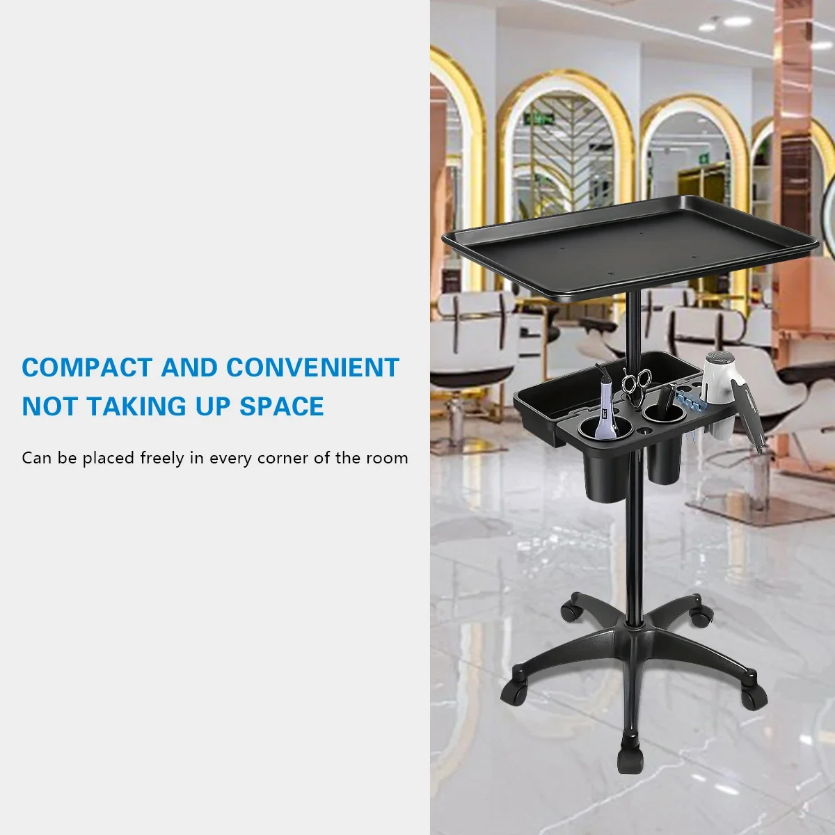 Professional Mobile Barber Cart, 2-Tier Storage Tray Adjustable Height Rolling Salon Trolley for Clippers Scissors