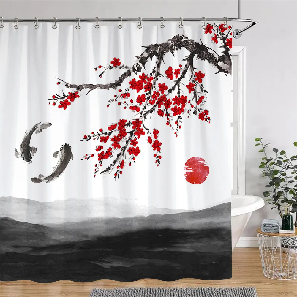 Chinese Japanese Cherry Blossom Ink Painting Shower Curtain Landscape Waves Art Creative Polyester Bath Curtains Bathroom Decor